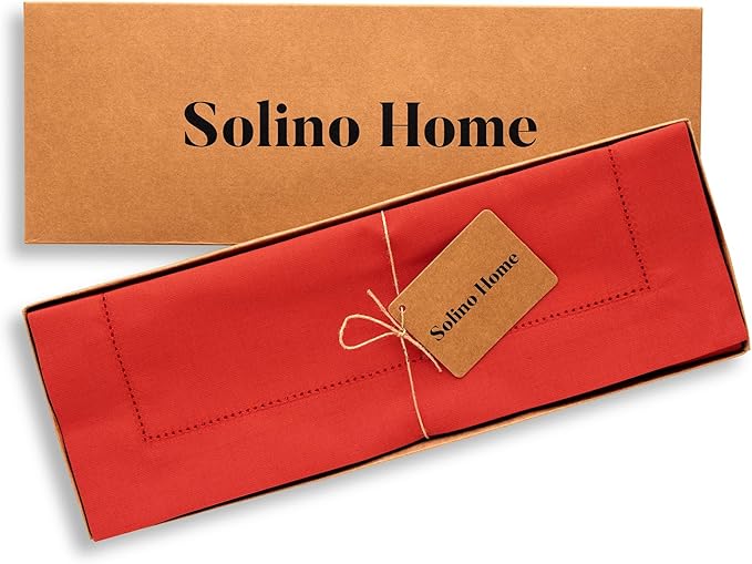 Solino Home Cotton Linen Placemats Set of 4 - Hemstitch Poppy Red Placemats 14 x 19 Inch - Machine Washable Table Mats for Valentines