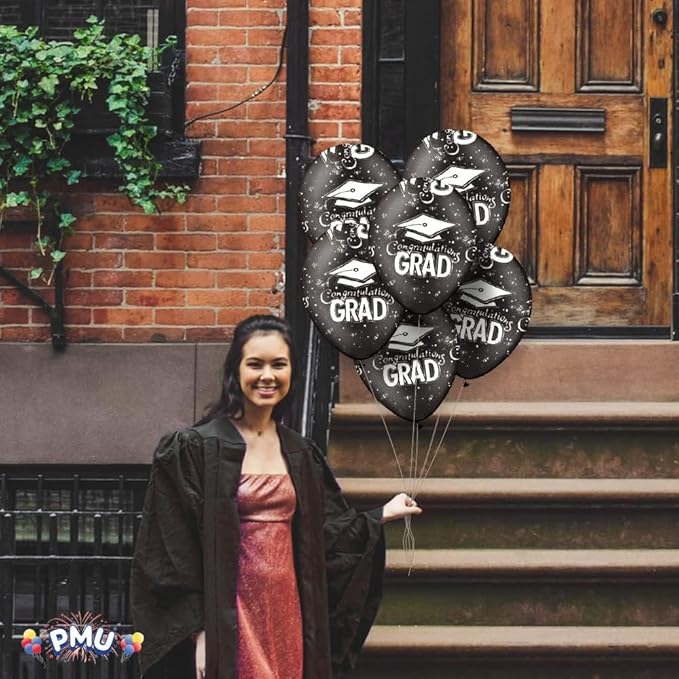 PMU 100 Pcs Black Graduation Balloons Class of 2026 with All-Over Print White Grad Caps-Confetti and Streamers | Graduation Party Supplies | Congratulations Grad Latex Balloons Latex