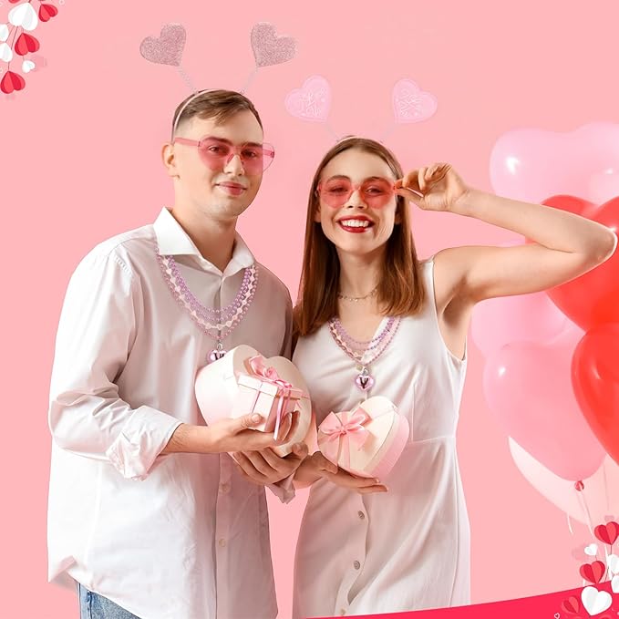 Kanayu 108 Pcs Valentines Day Accessories 36 Valentines Heart Headbands 36 Heart Shaped Sunglasses 36 Bead Necklaces for Valentine Party Favors Supplies Bachelorette Decorations(Pink)