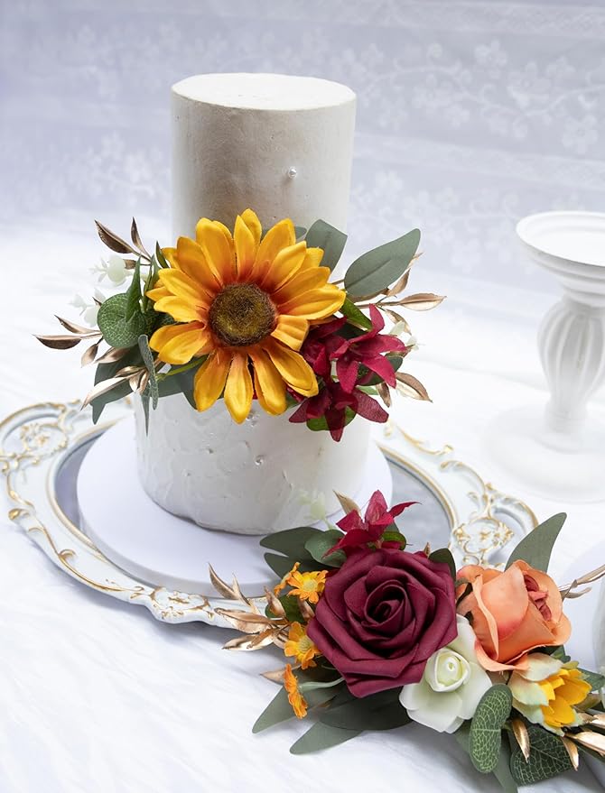 Marriwise 3Pcs Pre-made Cake Toppers Flowers, Sunflower & Red Wedding Cake Decoration,Artificial Flowers Decor for Wedding Ceremony Anniversary,Birthday Party,Fall Vintage (Sunflower & Red)