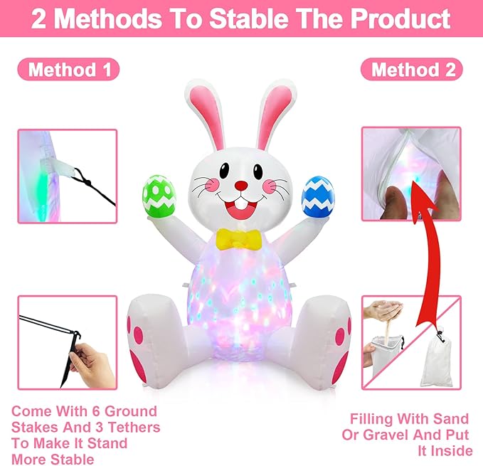 TURNMEON 4FT Rotating Colorful LED Easter Inflatable Bunny Blow up Yard Decorations with Built-in Fan, Waterproof Outdoor Indoor Easter Decor for Garden, Lawn Party, Includes Ground Stakes & Sandbags