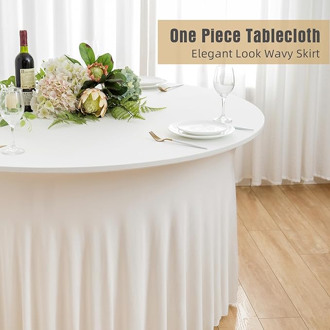 4 pk Ivory Spandex Round Tablecloths for 60 inch Table, Wrinkle Free 120inch Stretchy Fitted 5FT Round Table Cloths Cover with Skirt for Wedding Party Dining Banquet
