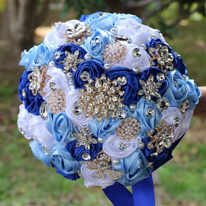 Wedding Bridal Bouquet Handmade with Bling Rhinestone Brooch Pearl for Bride Bridesmaid Quinceanera Bouquet Satin Rose Flower Bouquet Wedding Royal Blue Light Blue and White 9.8in