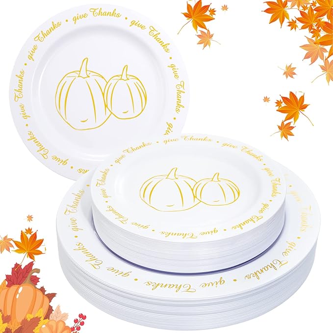 supernal 60pcs Thanksgiving Plastic Plates,Thanksgiving Plates with Gold Pumpkin Design, Fall Party Plate Bulk Include 7.5" Dessert Plate,10.25" Disposable Dinner Plato for Friendgiving Party