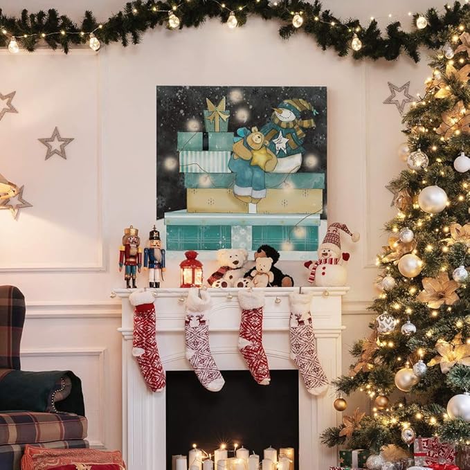 Renditions Gallery Snowman and Teddy Bear (1) Wall Art, Christmas & Winter Decor, Cute Pile of Presents, Premium Gallery Wrapped Canvas, Ready to Hang, 40 in H x 40 in W, Made in America