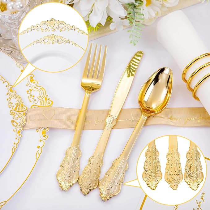 Hioasis 350pcs White and Gold Plates - White Party Plates for 50 Guest, Include 100 Heavy-duty Plates(20% Thicker Than Standard), 150 Cutlery Set, 50 Napkin, 50 Cups