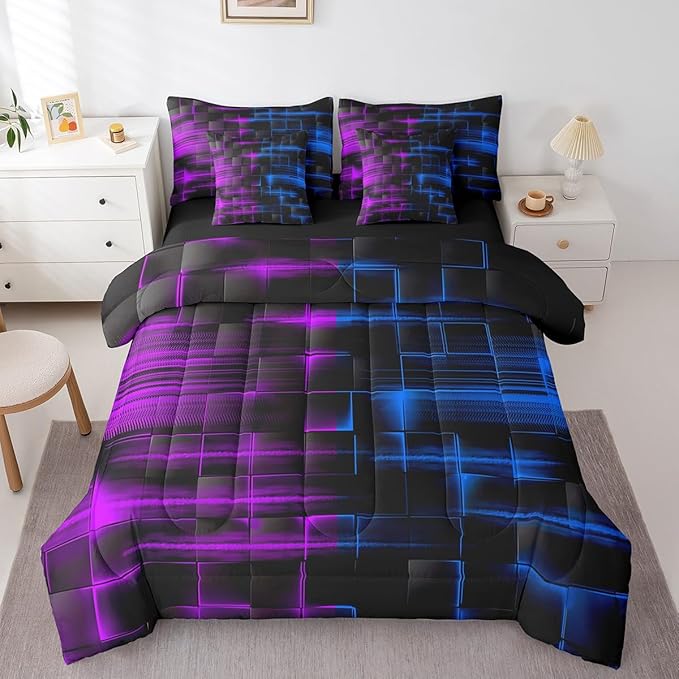 Feelyou Blue and Purple Comforter Set with Sheets 7 Piece Queen Size Kids Geometric Bed in a BagStrip Lines Bedding Set Abstract Art Bed Set with Comforter, Sheets,Cushion Covers