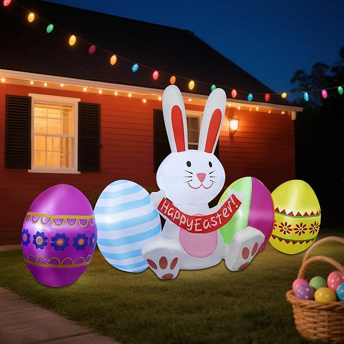 DR.DUDU Easter Inflatables Outdoor Decorations, 7 FT Long Easter Bunny with Eggs, Happy Easter Decorations, Easter Blow up Yard Decorations for Garden Lawn Holiday Party
