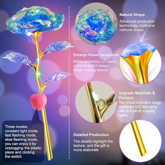 Lyrow 24 Pcs Valentines Galaxy Rose LED Light up Rose Flower Gifts Crystal Artificial Rainbow Flower for Valentine Lover Girlfriend Mom Her Mother's Day Birthday Wedding Gift, 9.84 Inches (Blue)