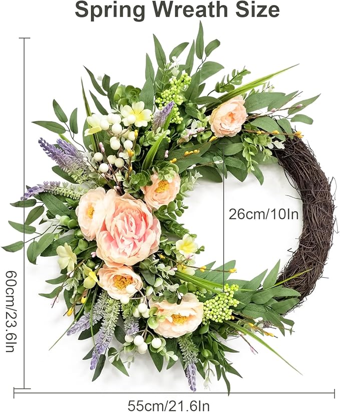 24 Inch Spring Wreath for Front Door, Grapevine Half Greenery Wreaths with Pink Peony Lavender Flowers & Eucalyptus Olive Leaves for Farmhouse Decor Porch Wall Indoor Outdoor Decoration