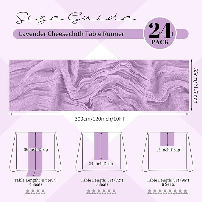 24 Pack Lavender Cheesecloth Table Runner 120 inch Fall Thanksgiving Boho Rustic Gauze Farmhouse 10FT Cheese Cloth Runner for Baby Shower Wedding Party Holiday Home Decor