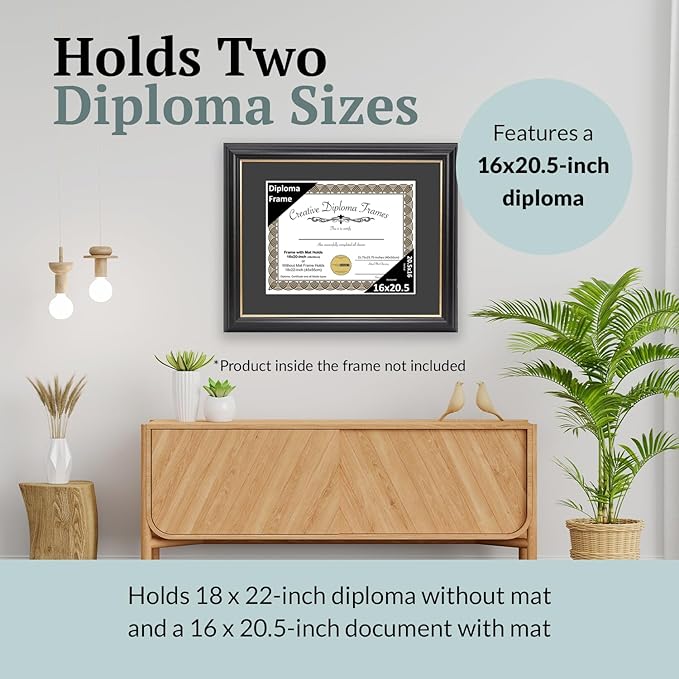 Creative Picture Frames 16" x 20.5" Rockefeller Black w/Gold Rim Diploma Frame, Displays 16" x 20.5" Certificate or 18" x 22" Document w/o Mat, College Degree Frame, Full-Strength Glass, Black Mat