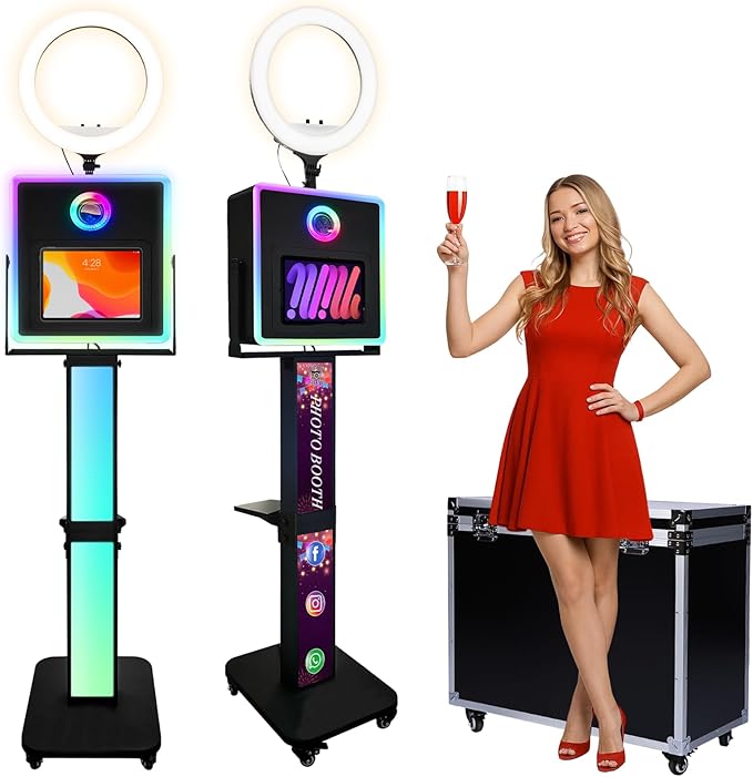 Photo Booth for iPad 10.2" 10.9" 11" 12.9" & Camera,2-in-1 Selfie Station Shell Stand Camera Photobooth Machine,App Control RGB Fill Light,for Parties,Rental Business (Black + Flight Case)