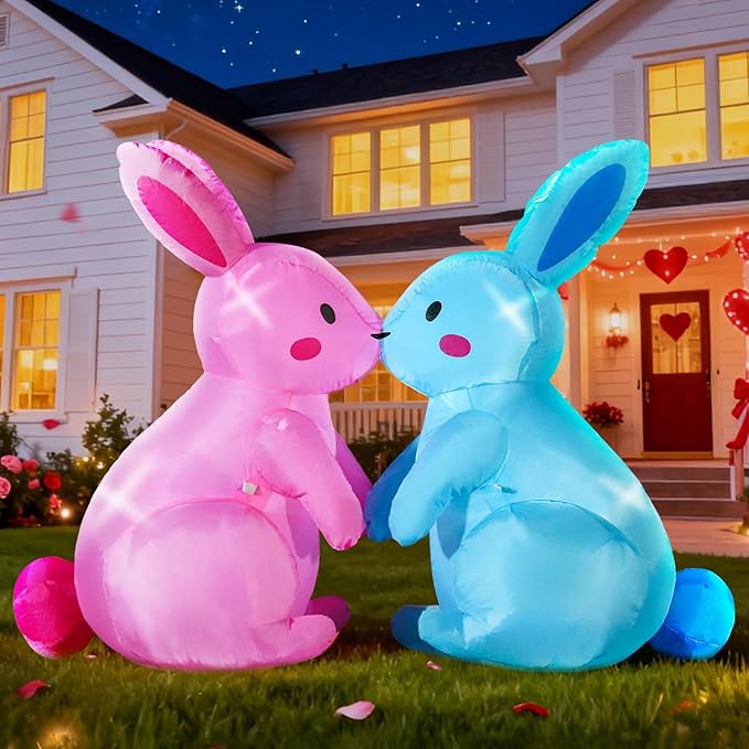 Domkom 6FT Long Kissing Valentines Day&Easter Inflatable Bunnies Outdoor Decorations, Build-in LED Lights Holiday Blow Up Yard Decoration, for Easter&Valentine's Day, Outdoor,Garden, Yard Lawn Décor