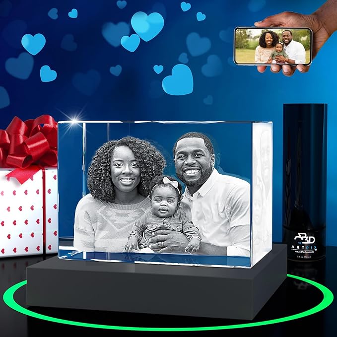 ArtPix 3D Premium Crystal Photo, Christmas Personalized Gifts for Women, Wife, Her, Him, Men, Husband, Grandma, Great Xmas Customized Gift With Your Own Photo, Custom Glass 3D Laser Etched Picture
