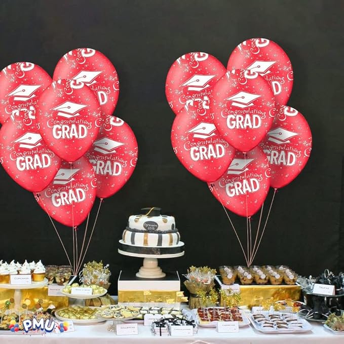 PMU 100 Pcs Red Graduation Balloons Class of 2025 with All-Over Print White Grad Caps-Confetti and Streamers | Graduation Party Supplies | Congratulations Grad Latex Balloons Latex