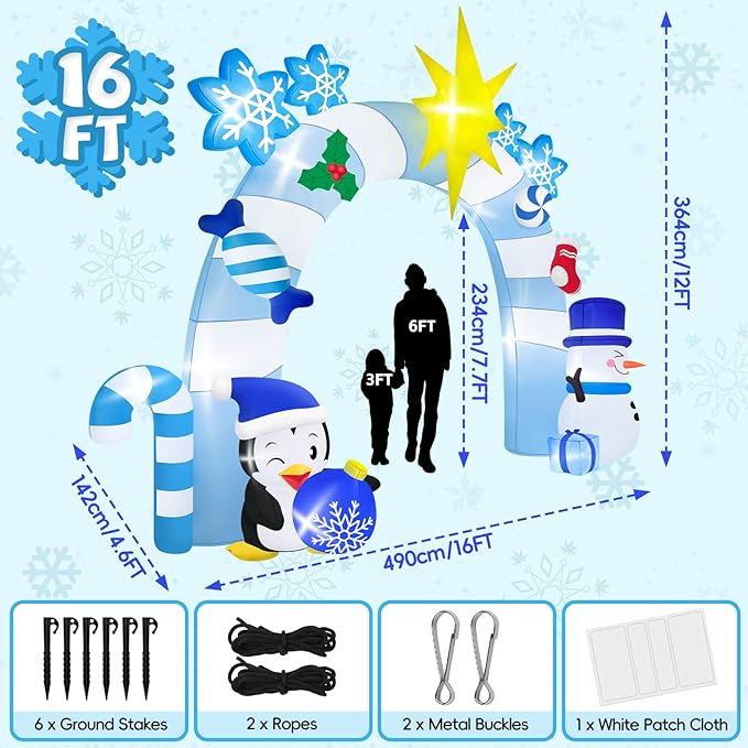 16FT Christmas Inflatable Archway with LED Light, Kalolary Blue Winter Snowman Penguins Inflatable Merry Christmas Blow Up Outdoor Decoration for Courtyard Lawn Shopping Mall Street