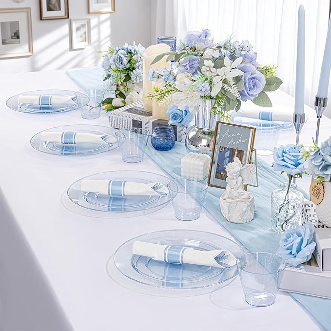 DaYammi 350 Pieces Blue Glitter Dinnerware Set 50 Guest for Party- 50 Dinner Plates, 50 Dessert Plates -50 Per Rolled Napkins with Blue Cutlery - 50 Disposable Cups 9 OZ