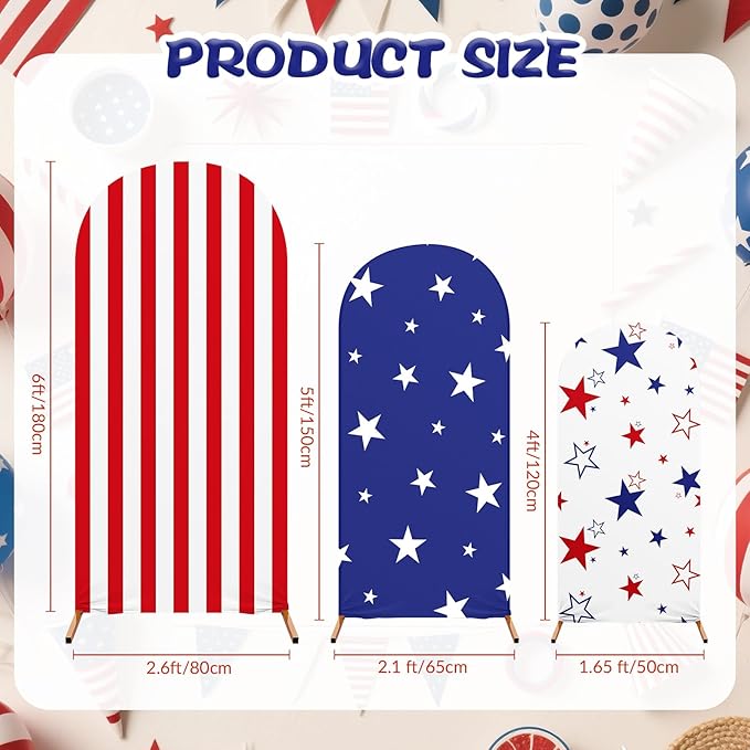 Set of 3 Patriot Day Arch Cover Theme Decoration, Veterans Day Blue and Red Print Arch Cover Stretch Spandex Fitted for Birthday Party, 4ft, 5ft, 6ft(Star)