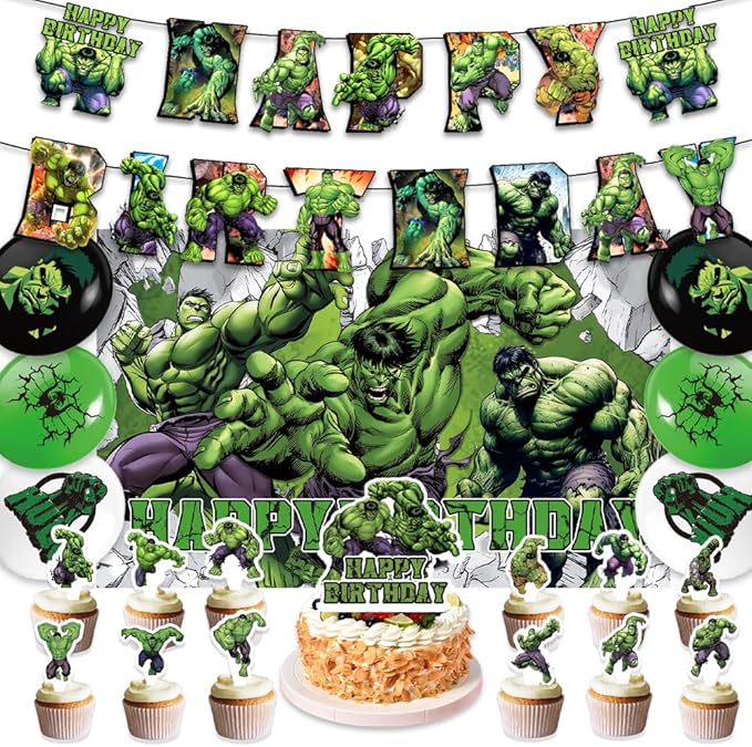 42pcs Hulks Birthday Party Supplies Pack Includes，Banner，Cake Topper，Blackdrop,Balloons for Hulks party Decoration