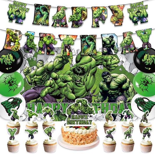 42pcs Hulks Birthday Party Supplies Pack Includes，Banner，Cake Topper，Blackdrop,Balloons for Hulks party Decoration