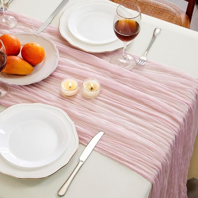 12 Pack Pink Cheesecloth Table Runners 35 x 120 Inch Rustic Boho Gauze Christmas Table Runner for Wedding Arch, Party Decoration, Bridal Shower, Reception, Farmhouse Dining Decor