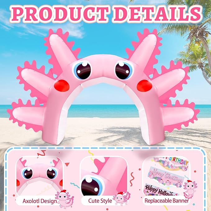 Eyourlife 16 FT Axolotl Inflatable Arch, Giant Pink Axolotl Birthday Party Decoration, Blow-Up Axolotl with 1 Blowers 3 Banners for Summer Beach Pool Party Supplies Animal Protection Activities