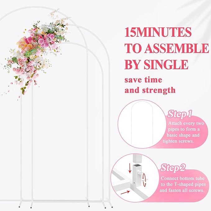 Asee'm Wedding Arch Stand Set of 3 (7.2FT, 6.6FT, 6FT) White Metal Arched Backdrop Frame for Ceremony Parties Birthday Baby Shower Garden Balloon Decoration