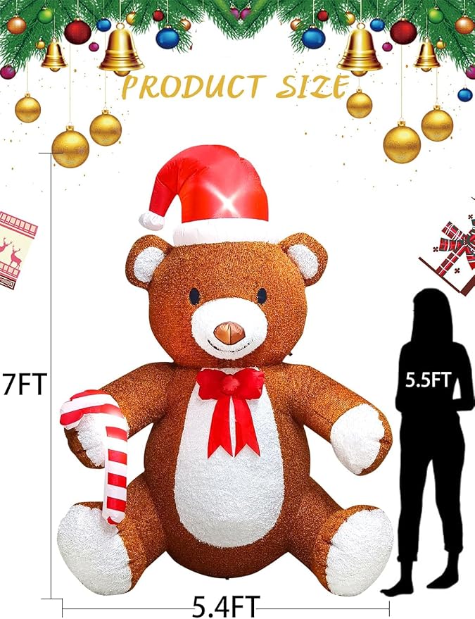 Kalolary Fluffy Bear Inflatable with LED Light, Christmas Blow Up Indoor Decoration, Xmas Teddy Yard Inflatable for Holiday Family Party Lawn Decor