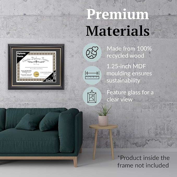 Creative Picture Frames 12" x 16" Rockefeller Black with Gold Rim Diploma Frame, Displays 12" x 16" Certificate or 16" x 20" Document without Mat, College Degree Frame, Full-Strength Glass, Black Mat
