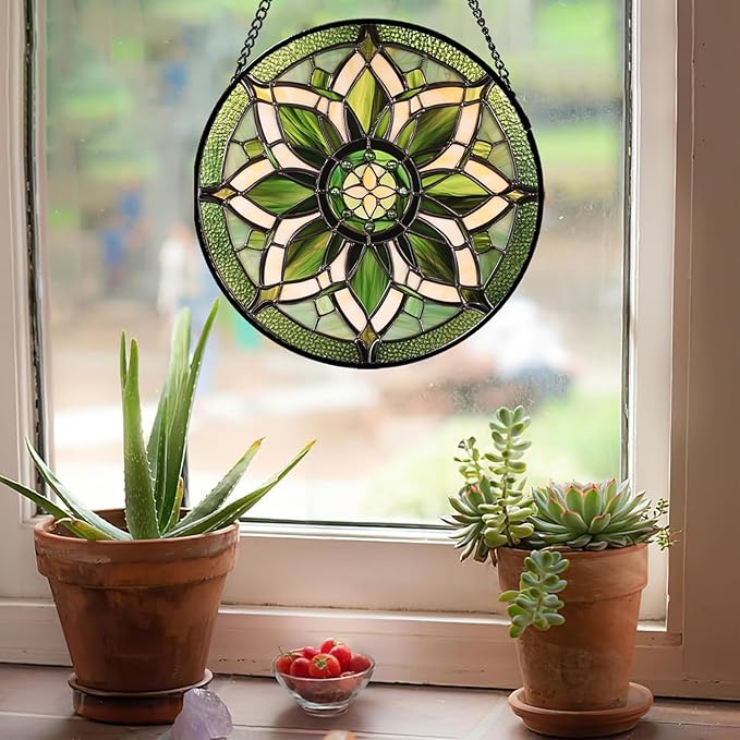 Stained Glass Window Hanging - White Green Boho Flower Suncatcher for Doors Window Home Sun Catchers Decor Christmas Mother's Day Birthday Gifts for Teacher Women Men Mom Nana 11.8 in