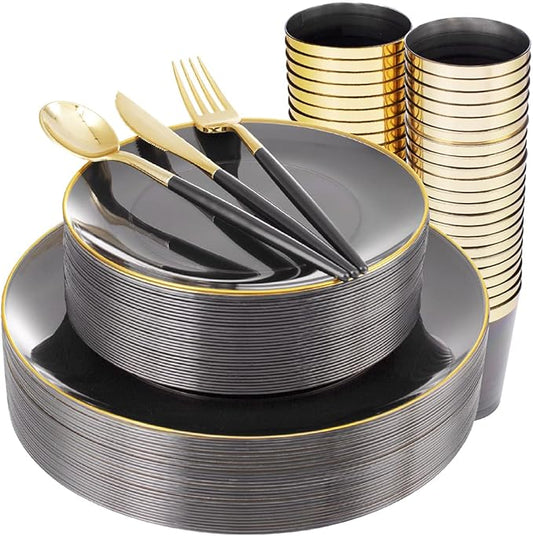 Supernal 180PCS Black and Gold Plastic Dinnerware Set - Black Plastic Plates with Disposable Silverware Include 30 Dinner / 30 Dessert Plates, 30 Forks,30 Knives,30 Spoons & 30 Cups for Party&New Year