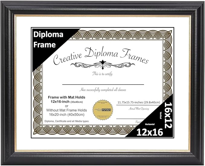 Creative Picture Frames 12" x 16" Rockefeller Black with Gold Rim Diploma Frame, Displays 12" x 16" Certificate or 16" x 20" Document without Mat, College Degree Frame, Full-Strength Glass, White Mat