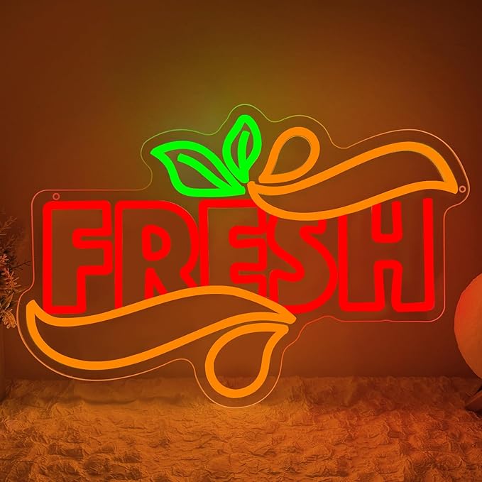 Fresh Neon Sign, Fresh Led Neon Light Signs for Wall Window Store Decor Fruit Store Business Light Up Sign for Fresh Produce Store Coffee Shop Light Bites Restaurant Dimmable USB Powered(16.9"*11.4")