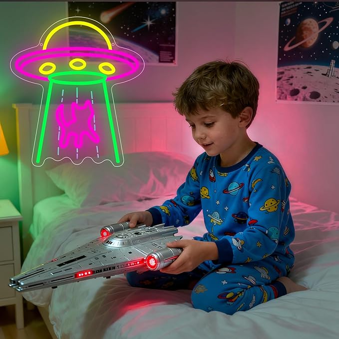 Cat Neon Sign, UFO Cat Spaceship Space Travel Led Neon Light Signs Cat Night Lamp for Astronomy Game Room Man Cave Party Decorations Bedroom Birthday Gift USB Powered(14.4” x 12.6")