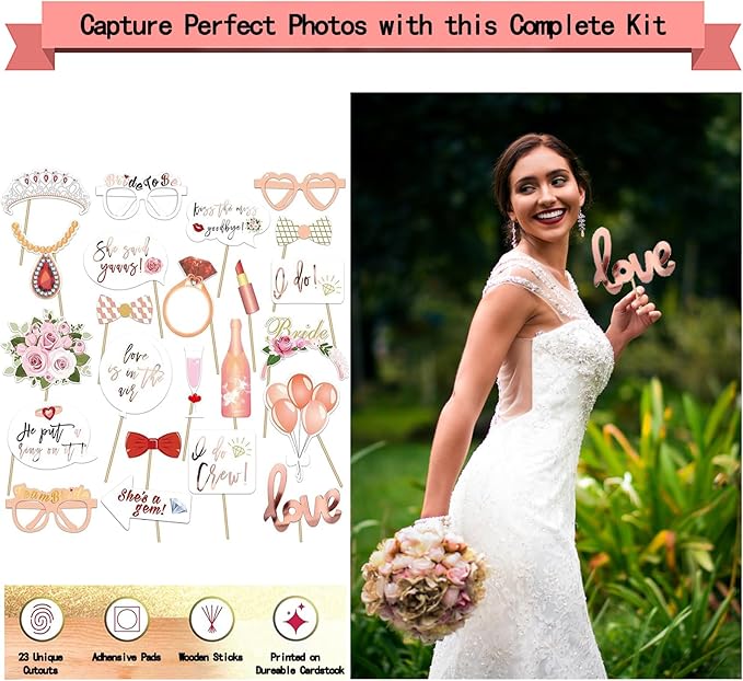 224 Pcs Rose Gold Bachelorette Party Decorations for Bride, Bridal Shower Party Supplies Set with "Bride To Be" Banner, Veil, Tiara, Sash, Balloons, Tableware and Photo Props