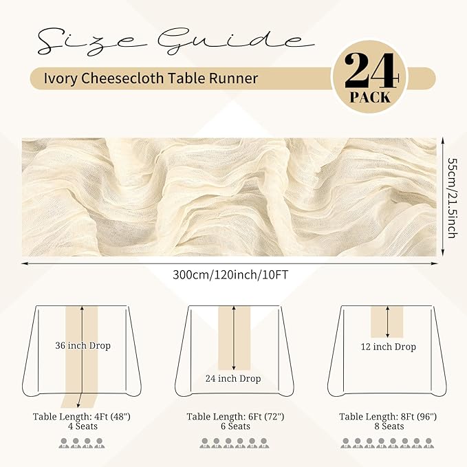 24 Pack Ivory Cheesecloth Table Runner 120 inch Fall Thanksgiving Boho Cream Rustic Gauze Farmhouse 10FT Cheese Cloth Runner for Baby Shower Wedding Party Holiday Home Decor