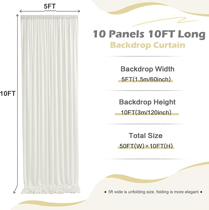 50ft x 10ft Wrinkle Free Ivory Backdrop Curtain for Parties, 10 Panels 5x10ft Silky Polyester Ivory Wedding Backdrop Drapes Photo Back Drop Cloth for Birthday Baby Shower Photography Background