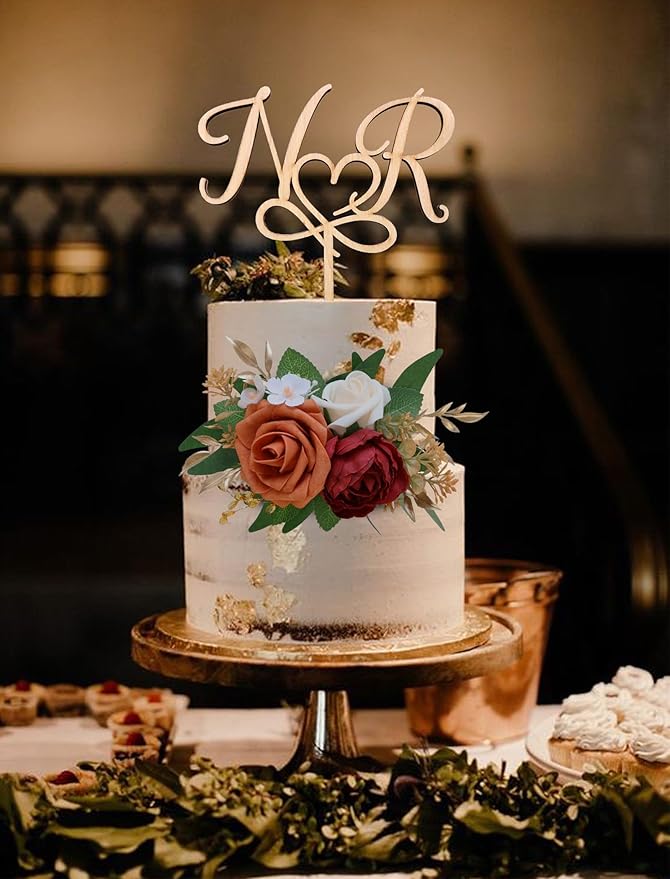 Marriwise 3Pcs Pre-made Cake Toppers Flowers, Burnt Orange Wedding Cake Decoration,Artificial Flowers Decor for Wedding Ceremony Anniversary,Birthday Party,Fall Vintage (Burnt Orange)