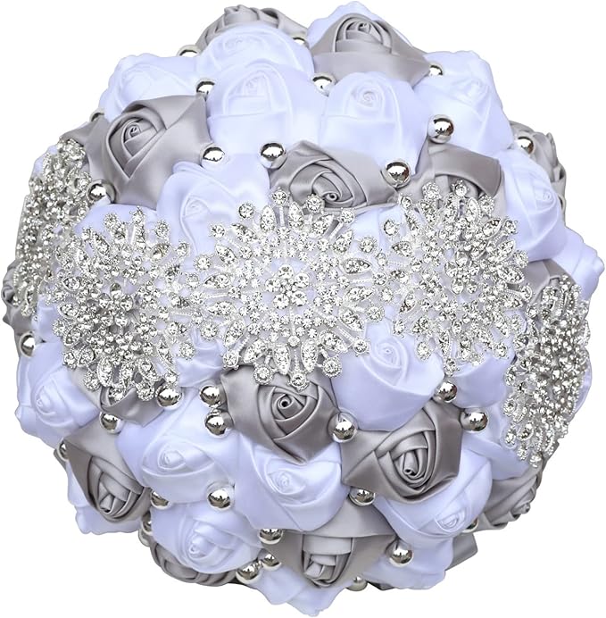 Bridal Wedding Bouquet with Gold Rhinestone Pearl for Quinceanera Bride Bridesmaid Satin Rose Flower Brooch Bouquet Wedding Silver Gray and White 8.3in