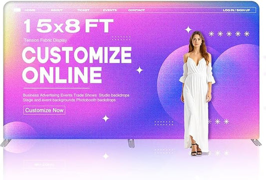 15x8 FT Custom Tension Fabric Backdrop Banner Stand, HD Banner Printing Online Design Tension Fabric Display Stand, Large Portable Trade Show Display Booth for Business, Corporate, Wedding, Mall