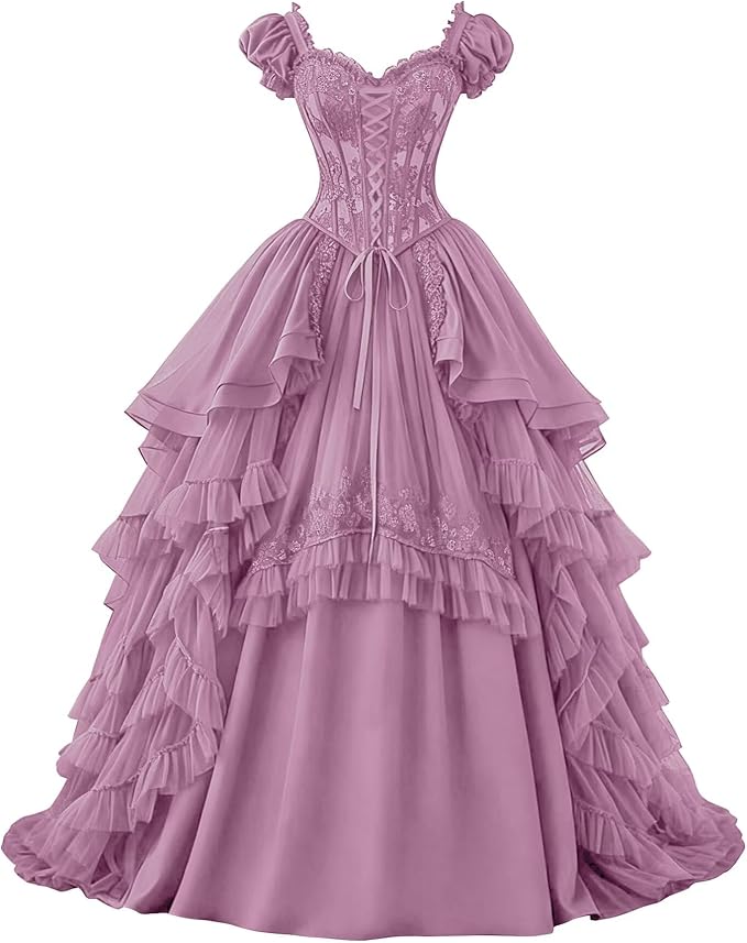 Ftupza Gothic Wedding Dresses Lace Appliques 1800s Victorian Dresses for Women Layered Tulle Prom Dress Long Ball Gown