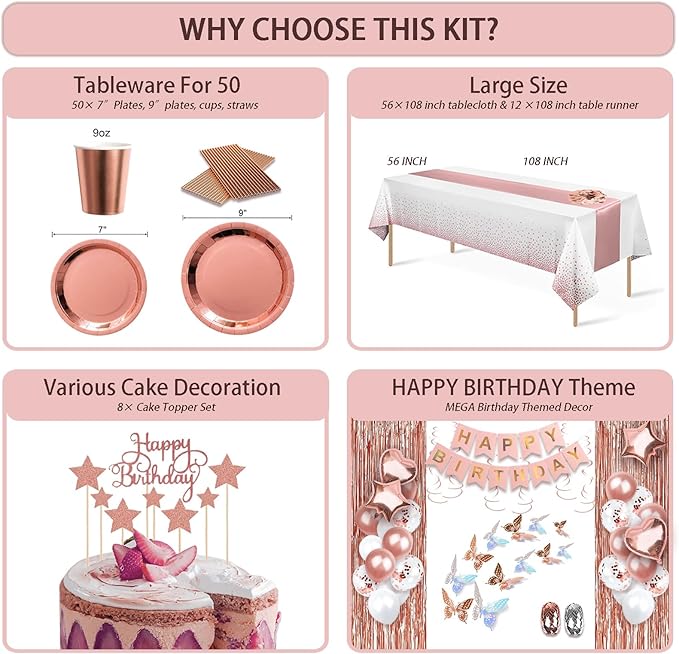296 Pcs Birthday Decorations For Women, Rose Gold Party Decorations Kit For Girls Or Women - Butterfly, Hanging Swirl, Balloon Stand, Sash, Tiara, Banner, Balloon, Tableware For 50 Guest