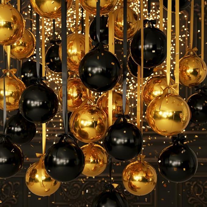 Jenaai 30 Set Round Foil Balloons Bulk 22 Inch 4d Metallic Giant Balloons Set with Satin Bows Ribbon for Ceiling Holiday Ornaments New Year Birthday Wedding Party Decoration(Black Gold)