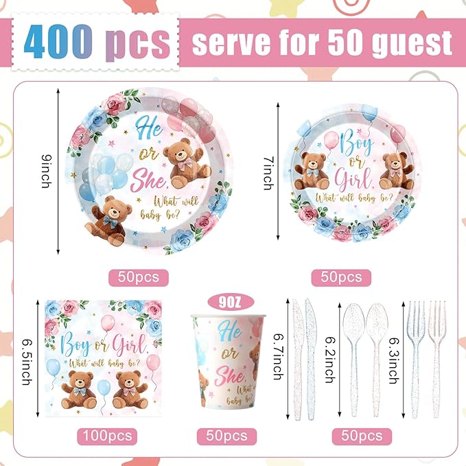 Pickmesh 400 Pcs Bear Gender Reveal Party Supplies Decorations Include Pink Blue Gender Reveal Party Disposable Paper Plates Napkins Cups Cutlery for Men Women Decorations Serve 50