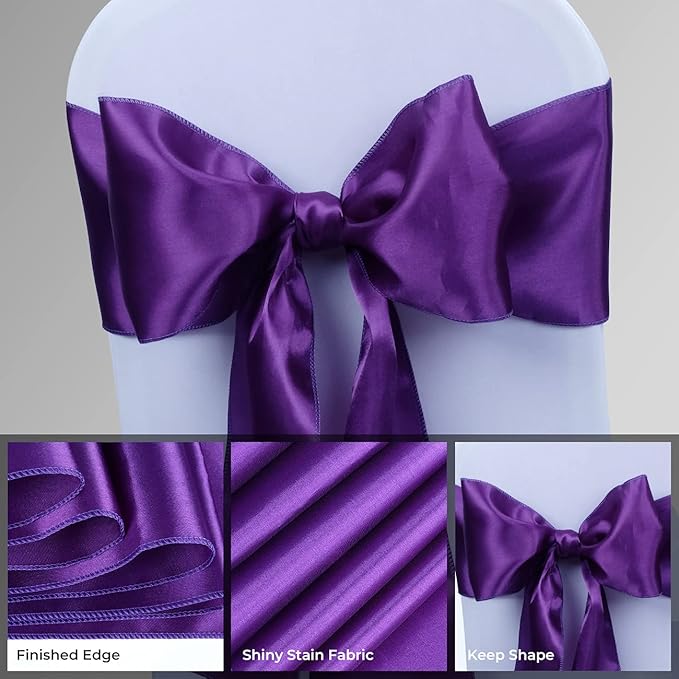 Babenest Satin Chair Sashes Ties Upgraded 50 pcs Chair Ribbons Bows for Wedding Banquet Party Christmas Baby Shower Events Decoration (Purple)