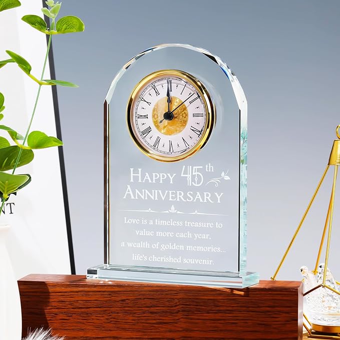 YWHL 45th Wedding Anniversary Quartz Clock Gift for Parents, 45 Year Anniversary Romantic Gifts for Couples, Happy 45th Anniversary Glass Keepsakes Decorations (Battery not Included)