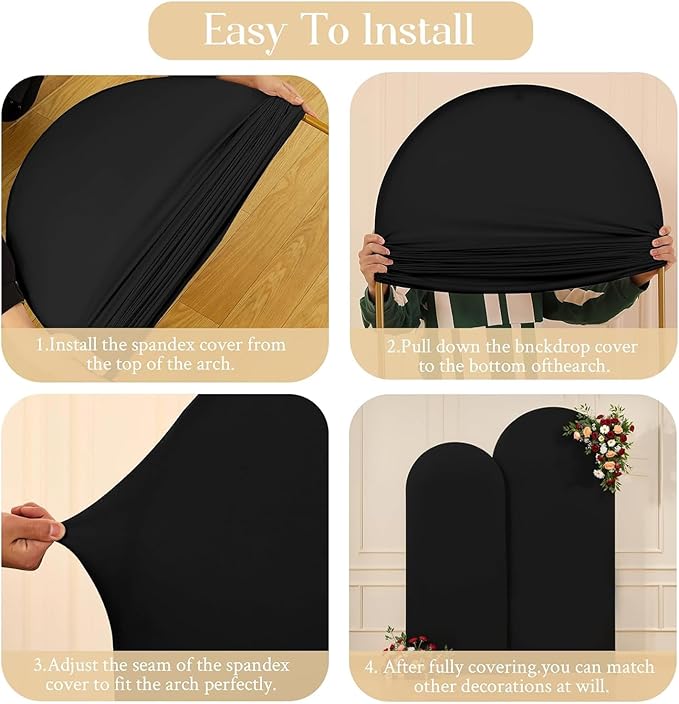 Black Arch Backdrop Cover Set of 3 - Spandex Arch Covers 7.2FT 6.6FT 6FT Stretchy Fabric Backdrop for Wedding Ceremony, Bridal Baby Shower, Birthday Party, Photo Booth Background Decor