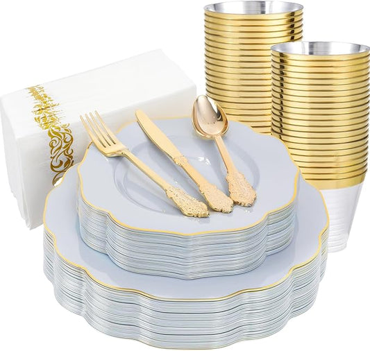 NOCCUR 175PCS Blue Plastic Plates with Gold Disposable Silverware - Include 50 Light Blue and Gold Plastic Plates,25 Knives,25 Forks,25 Spoons,25 Cups and 25 Napkins - Ideal for Shower/Spring Party