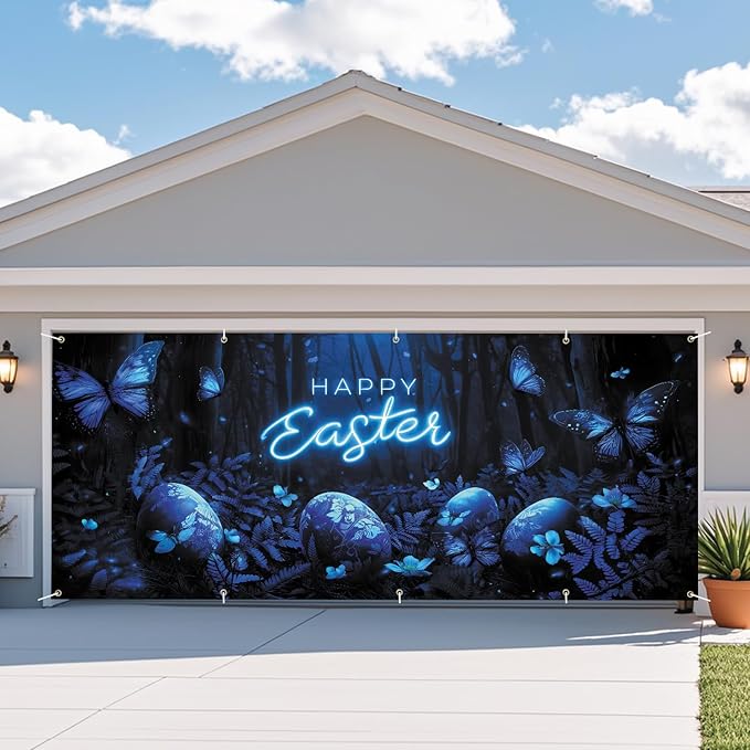 Happy Easter Glowing Banner 7x16FT, Neon Happy Easter Design with Blue Butterflies and Easter Eggs, Spring Holiday Decoration for Yard and Garage